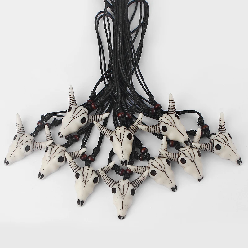 

12pcs White Cow /Ox / Bull Charms Black Wax Cotton Cord Yak Bone Resin With Wooden beads Surfer Necklace For Men