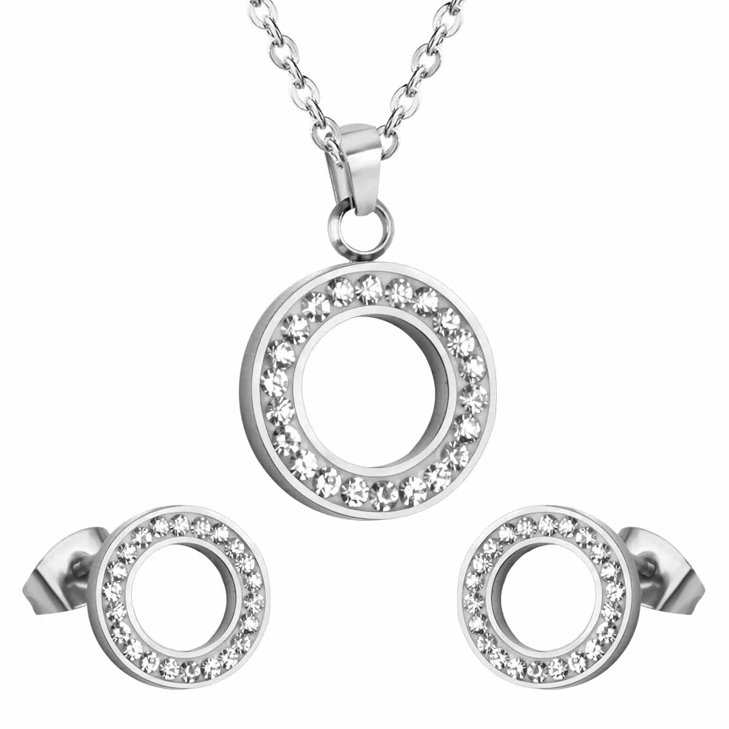 LUXUSTEEL set stainless steel Hollow Out Round Cubic Zirconia Pendant Necklace Earrings Brinco Female Bijoux Party Wholesale