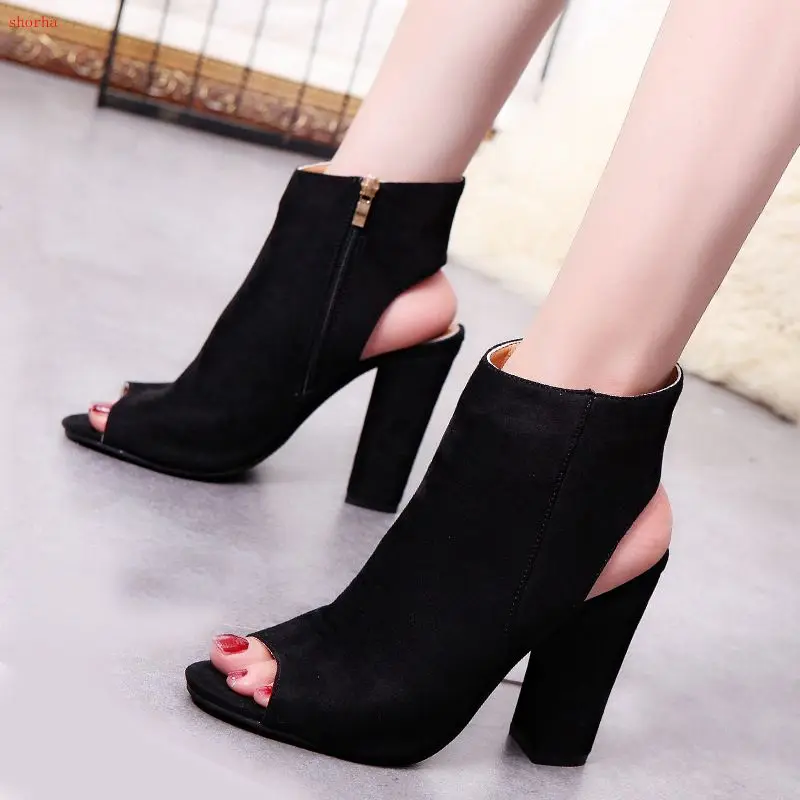 

Black Ankle Boots Faux Suede Leather Casual Open Peep Toe High Heels Zipper Fashion Square Rubber Black Shoes For Women Plus Si