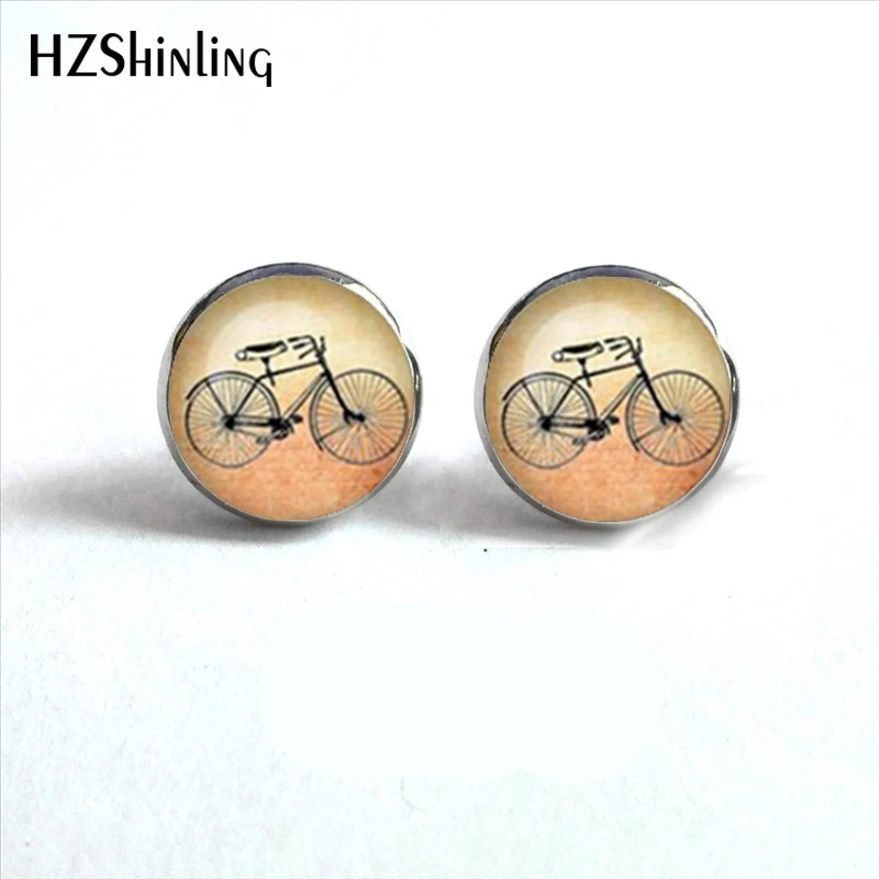 NES-00117  Vintage Bicycle Earrings Bicycle Ear Studs High Wheel Bicycle Art Photo Glass Dome Earring Gifts Women HZ4