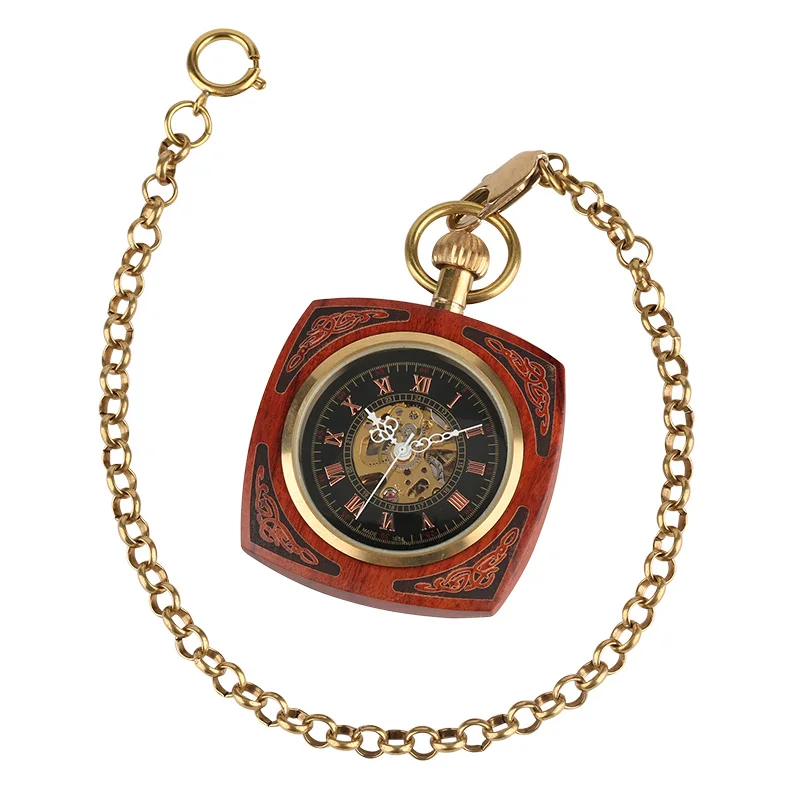 Retro Unique Royal Red Wooden Bamboo Hand Winding Mechanical Pocket Watch Square Dial with 30cm Gold Chain Men Hour Clock Gifts