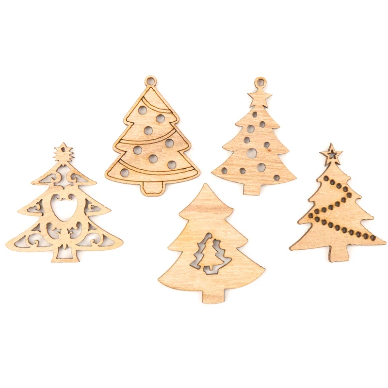 Mix Wooden Christmas Tree Pattern Hanging Ornament Charm Scrapbooking Handmade Accessory Home Decoration DIY 44mm 10pcs