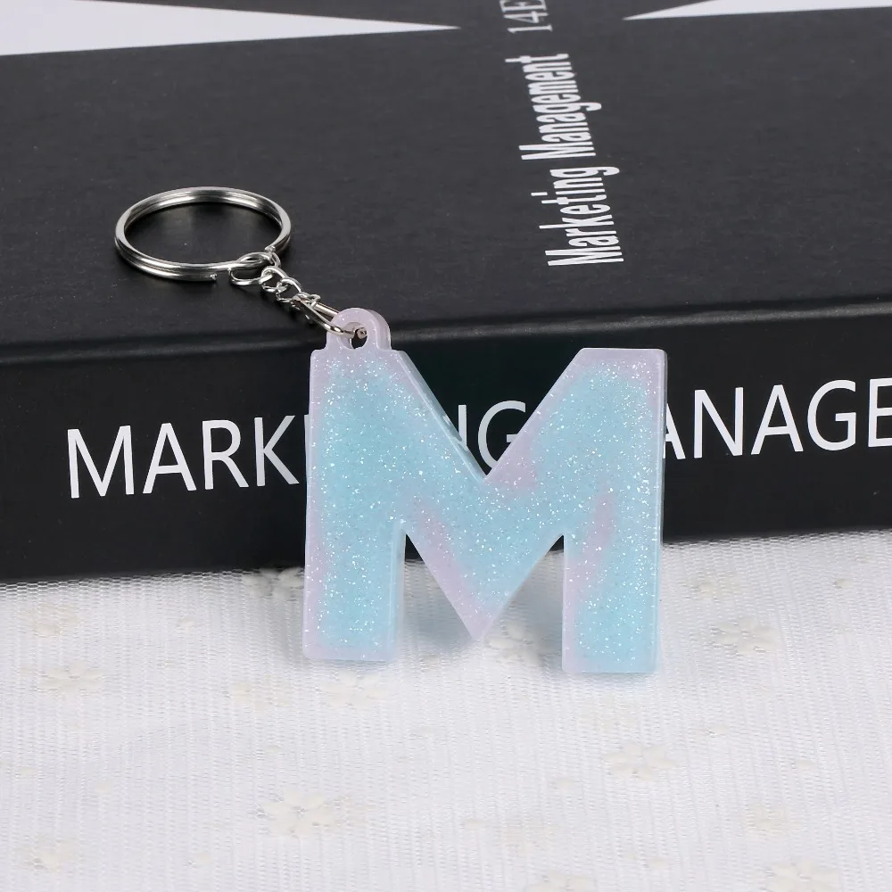 1PC KEYRING pink/blue English word English Letter Keychain  glitter resin A TO Q handbag charms for woman