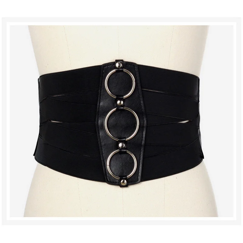 Ceinture Corset élastique pour femmes en cuir PU grande taille large sangle Punk en métal argenté tendance