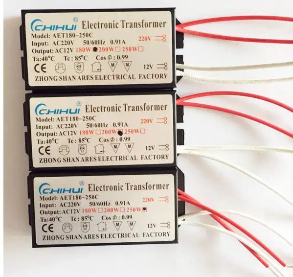 3 years warranty Sufficient Power Electronic Transformer For Halogen Lamp AC 220V To AC12V 20W-250W Optional