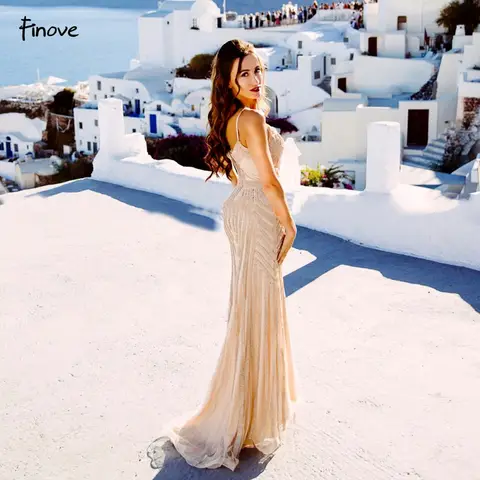 Champagne V-Neck Evening Dress finove