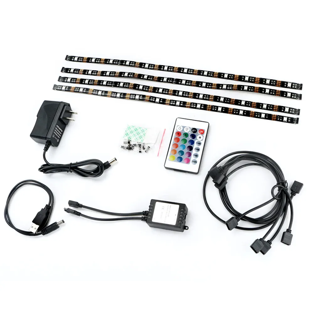 4PCS HDTV 5V RGB 12Led Strip Light USB Power TV Backlighting W/Remote Control Set US plug cut the length