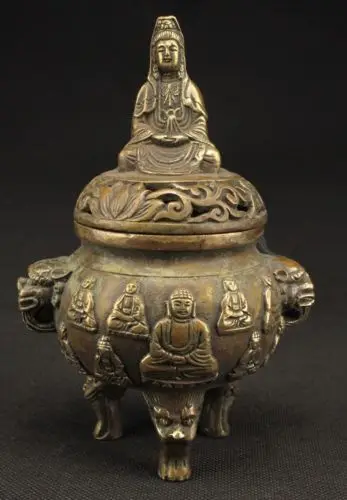 

Exquisite Decorated Handwork Old Copper Buddha Kwan-yin Incense Burner