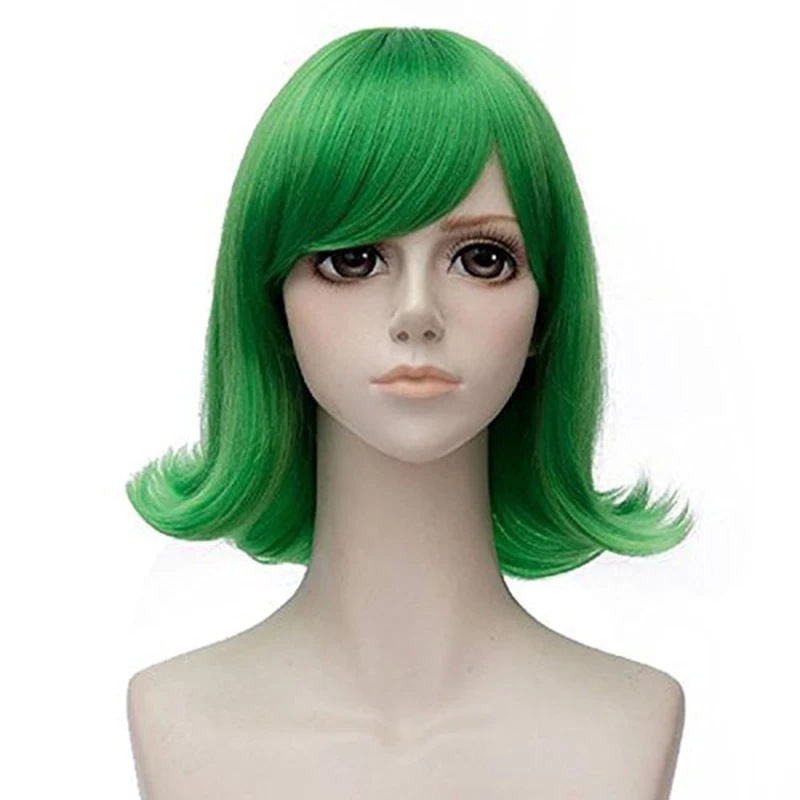 35cm Short Curly Wigs Inside Out Disgust Green Side Bangs Synthetic Cosplay Wig Hair + Wig Cap