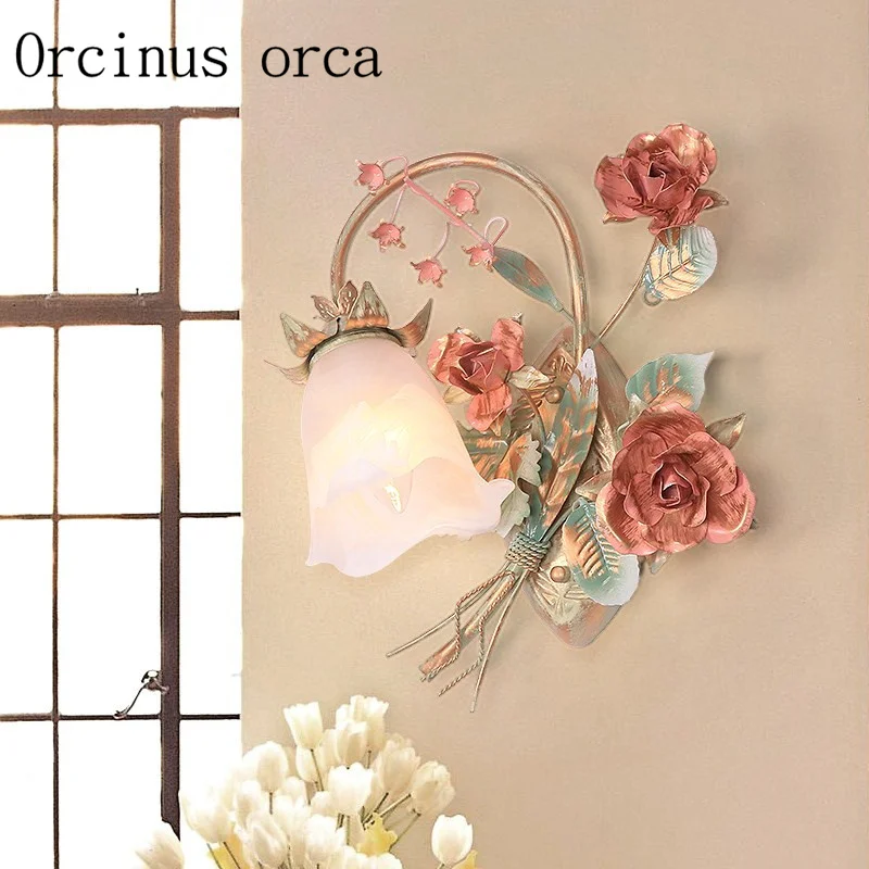 

Korean garden flower wall lamp balcony bedroom rose iron wall lamp free shipping