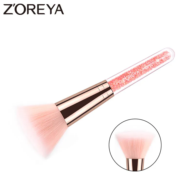 

ZOREYA Brand Single Crystal Handle Flat Contour Makeup Brush Soft Pink Synthetic Hair Rose Gold Aluminum Tube Cosmetic Brushes