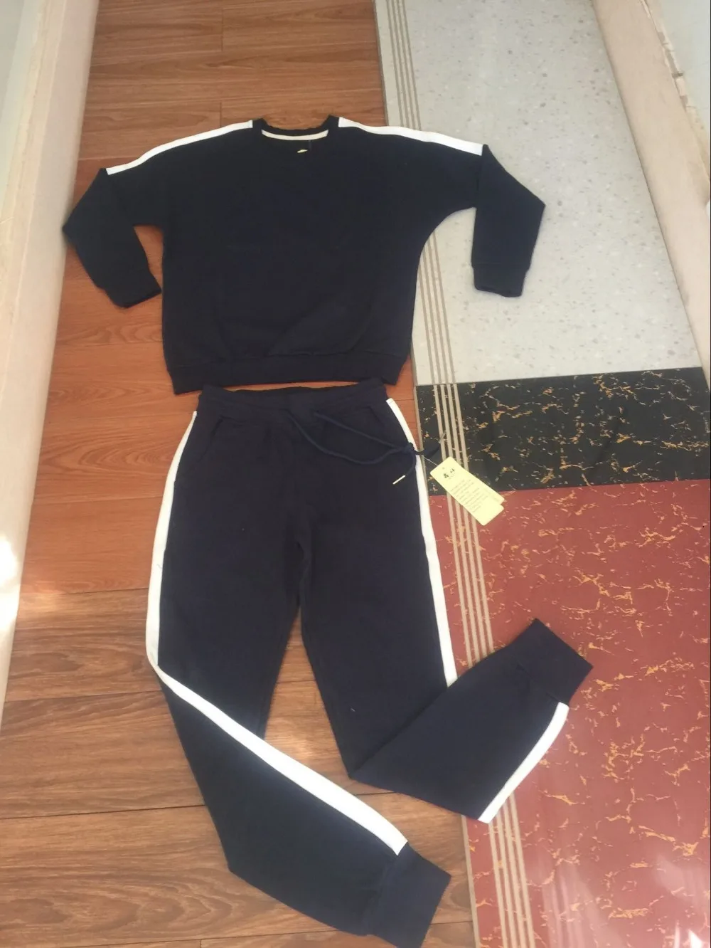 Костюм спортивный женский хлопковый в полоску, Свитшот и длинные брюки, комплект из двух предметов, черный, серый, темно-синий, 2XL