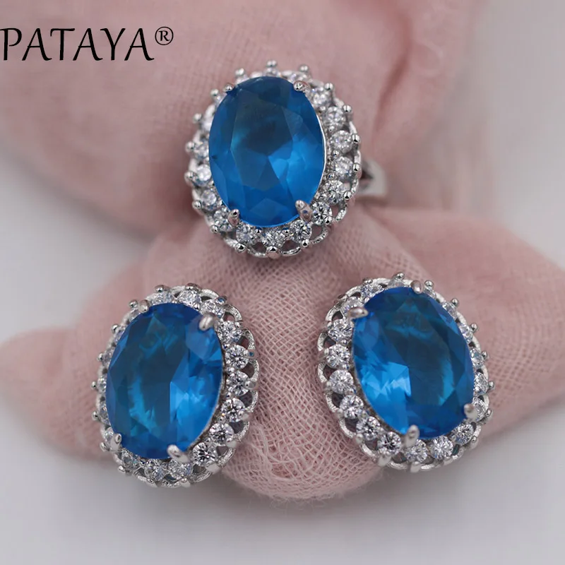 PATAYA New Arrivals Women Wedding Party Luxury Romantic Jewelry Set Accessories Oval Green Natural Zirconia Earrings Ring Sets