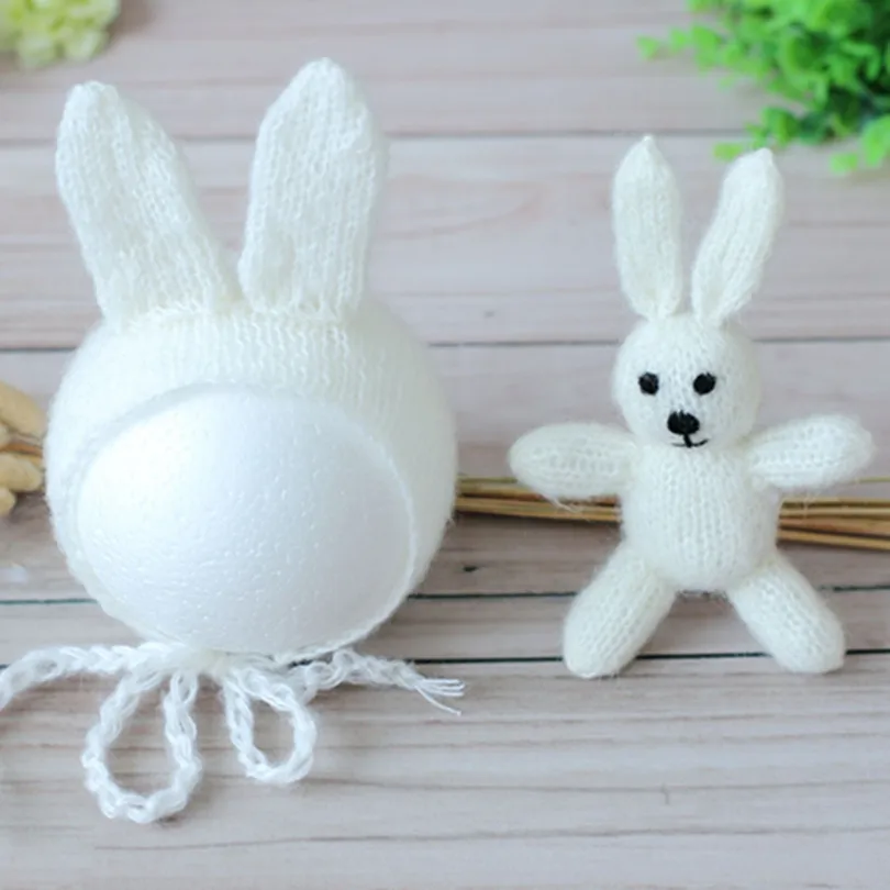 Newborn mohair bonnet Knit baby soft hat and toy set Handmade  crochet rabbit hat toy photography props