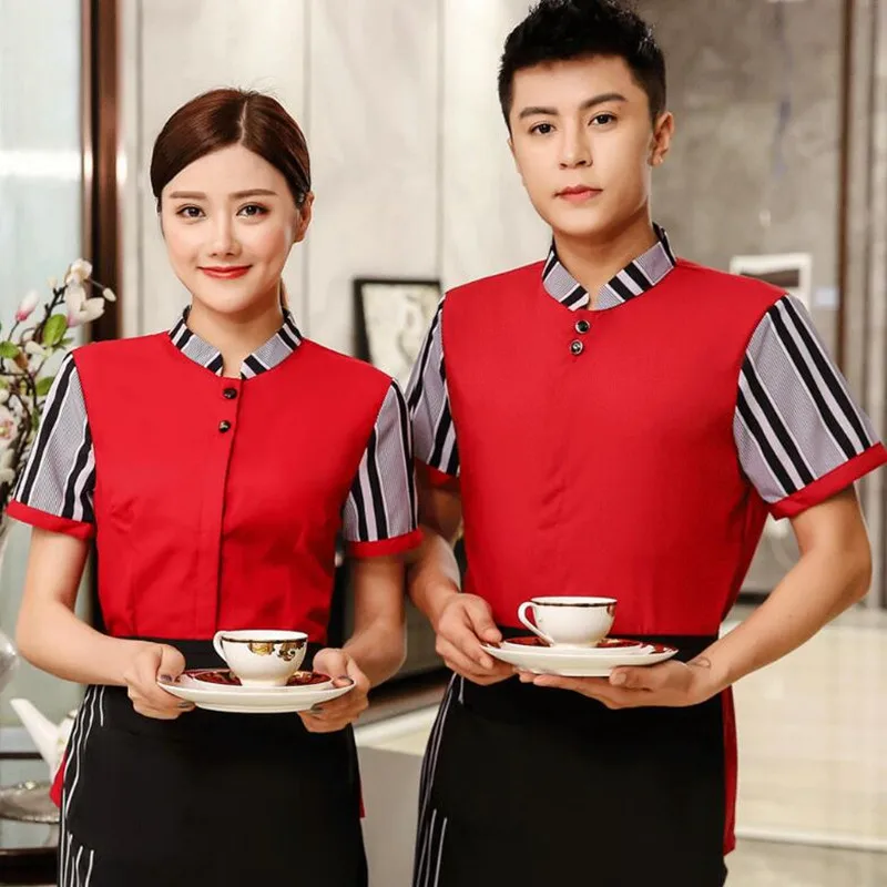 

Waitress Workwear Short-sleeved Restaurant Fast-food Shop Women Uniform Catering Hotel Summer Plus Size Waiter Jacket H2283