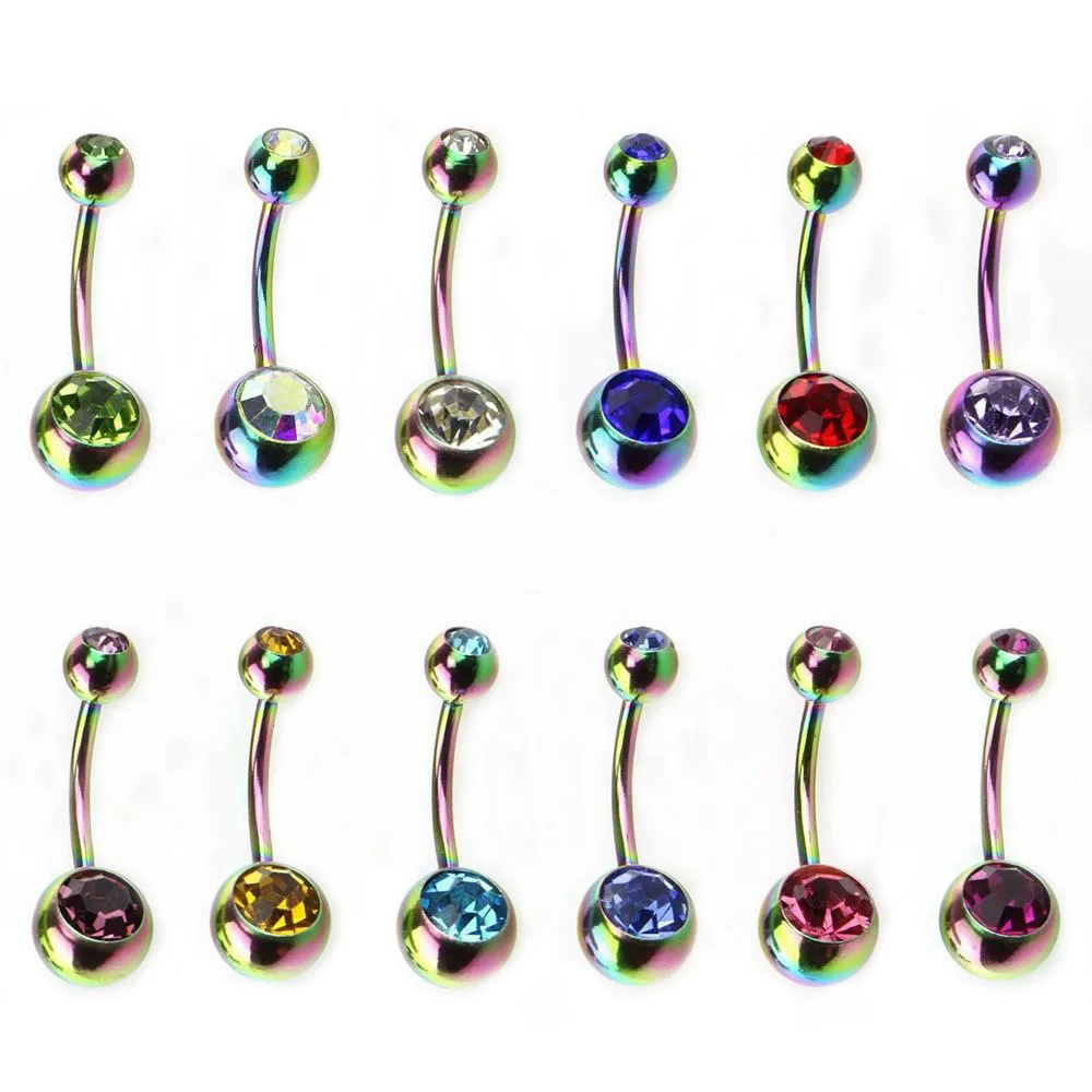 6 pcs/lot Rainbow Surgical Steel Belly Button Ring Fashion Sexy Woman CZ Zircon Barbell Belly Stud Navel Piercing Body Jewelry