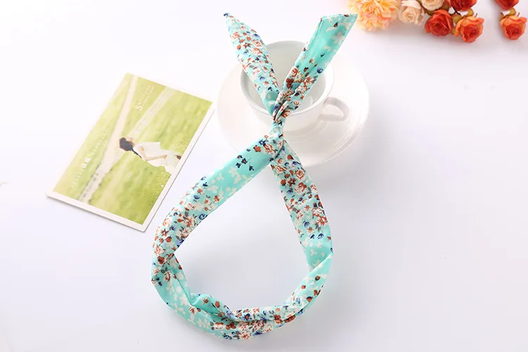 1Pc Cute Flower Dots lip print flower Bunny Rabbit Ear Ribbon Headwear Hairband Metal Wire Scarf Headband Hair Band Accessories