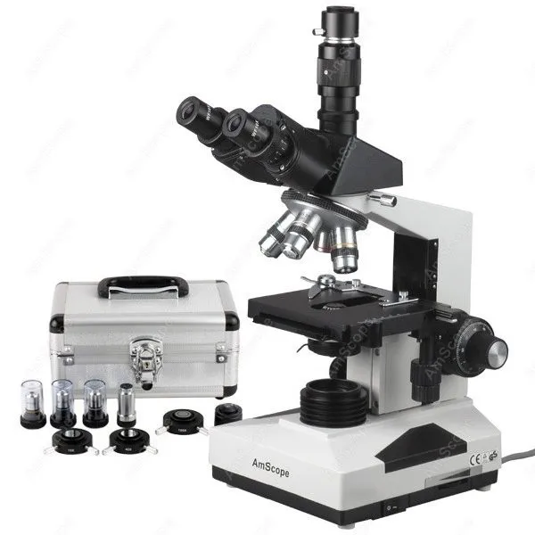 AmScope Phase-Contrast Simul-Focal Trinocular Compound Microscope 40X-1600X+ 20W Halogen, 3D Mechanical Stage