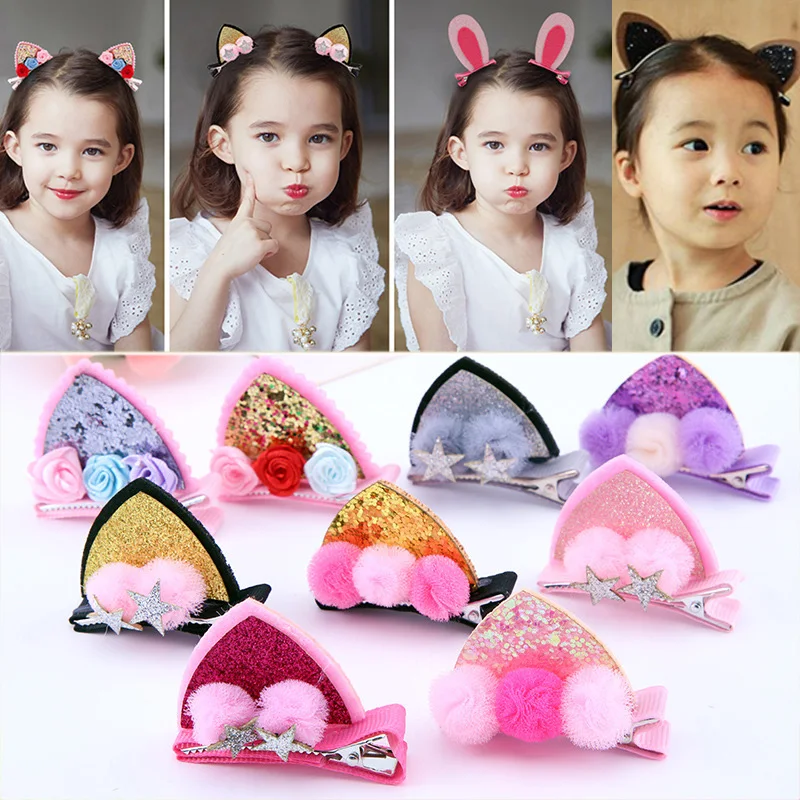 2pcs/Set Cute Baby Hairpins Girls Glitter Rainbow Felt Fabric Flowers Hair Clips Cat Ears Bunny Barrettes Kids Hair Accessories