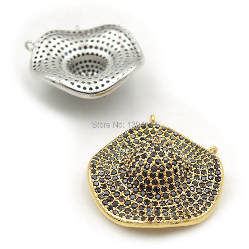 25*25*10mm Micro Pave Black CZ Wavy Brim Hat Charm Of Double Circles Fit For Women As Necklaces Accessory