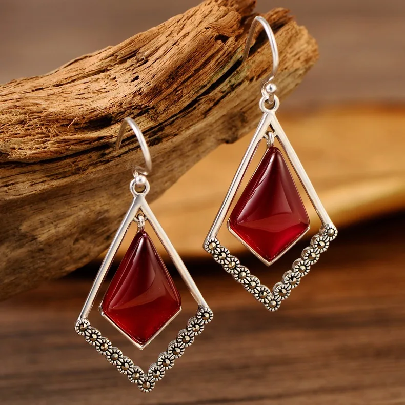 925 sterling silver vintage mark stone rhombic red corundum ladies earrings free shipping