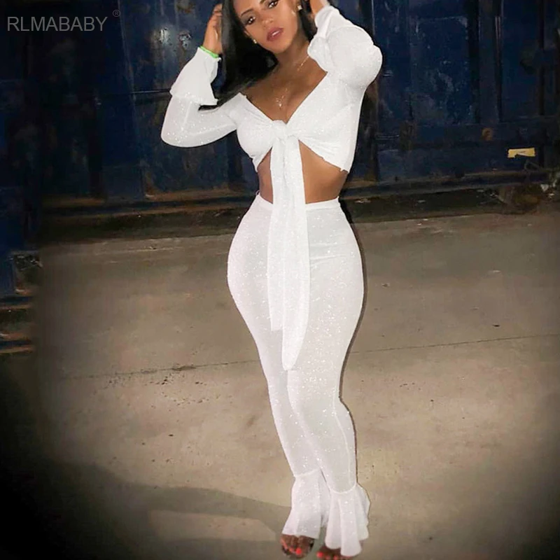 RLMABABY-mono Bandage con hombros descubiertos para mujer, traje Sexy de manga acampanada elástica, conjunto de 2 piezas, mono ajustado con lazo para Club