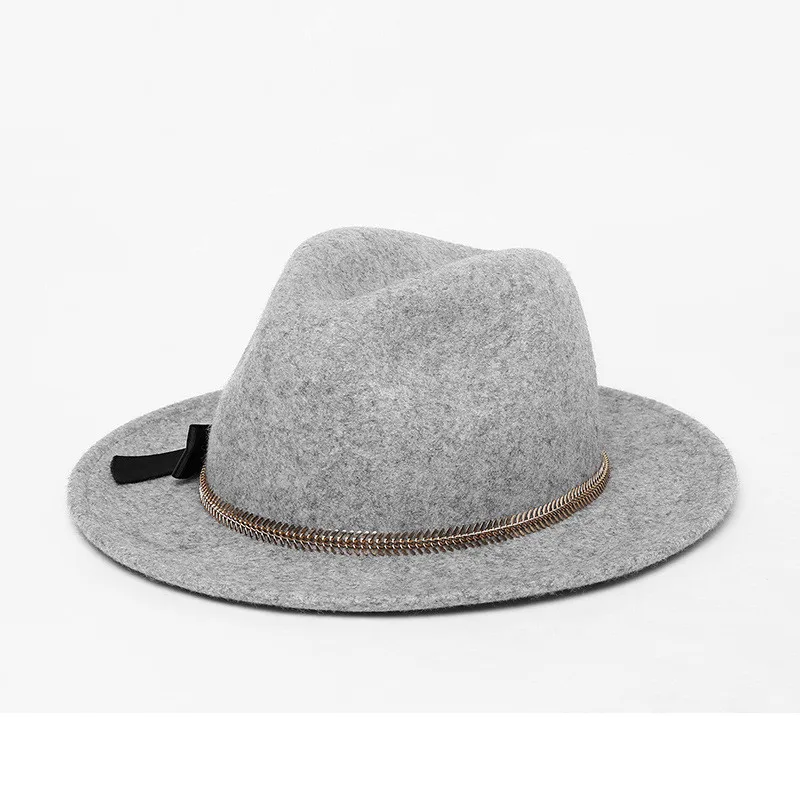 Autumn Winter Women Feodras Hat Female Fishbone Chain Bowknot Fashion Wool Felt Cap Ladies Fashion Flat Brim Fedora Hats H7096