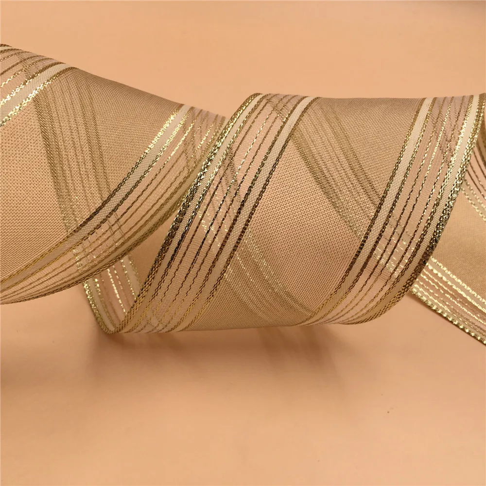 

63mm X 25yards Lt gold organza metallic striped ribbon for gift packaging wired edge ribbon N2104