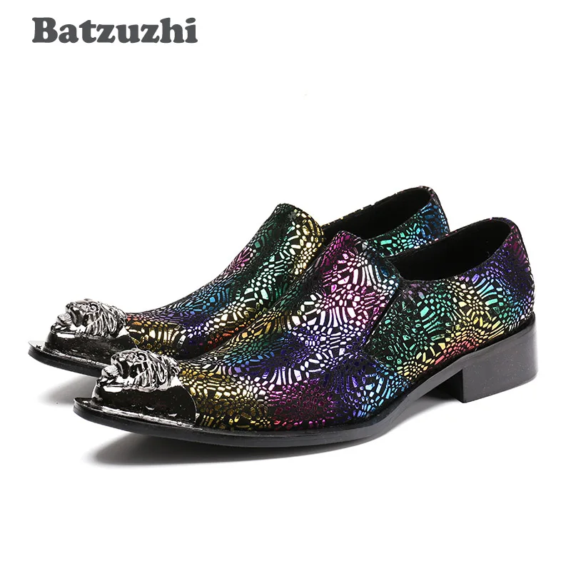 Batzuzhi Rock Men Shoes Colorful Genuine Leatther Dress Shoes Men Low Heels Iron Toe Super Star Party/ Stage Shoes Men, 38-46