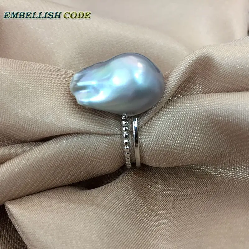 Adjustable size Resize baroque pearl 925 silver Ring gray Lustrous tissue nucleated flameball for women natural cultured pearls