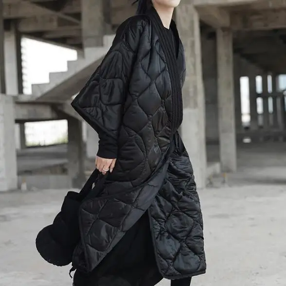 Dark black winter Japanese kimono bandage robe loose long cotton padded jacket winter warm long coat