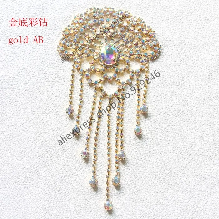 2pcs/lot brilliant white crystal applique with stone tassels silver AB gold AB rhinestone trims for bridal wedding decoration