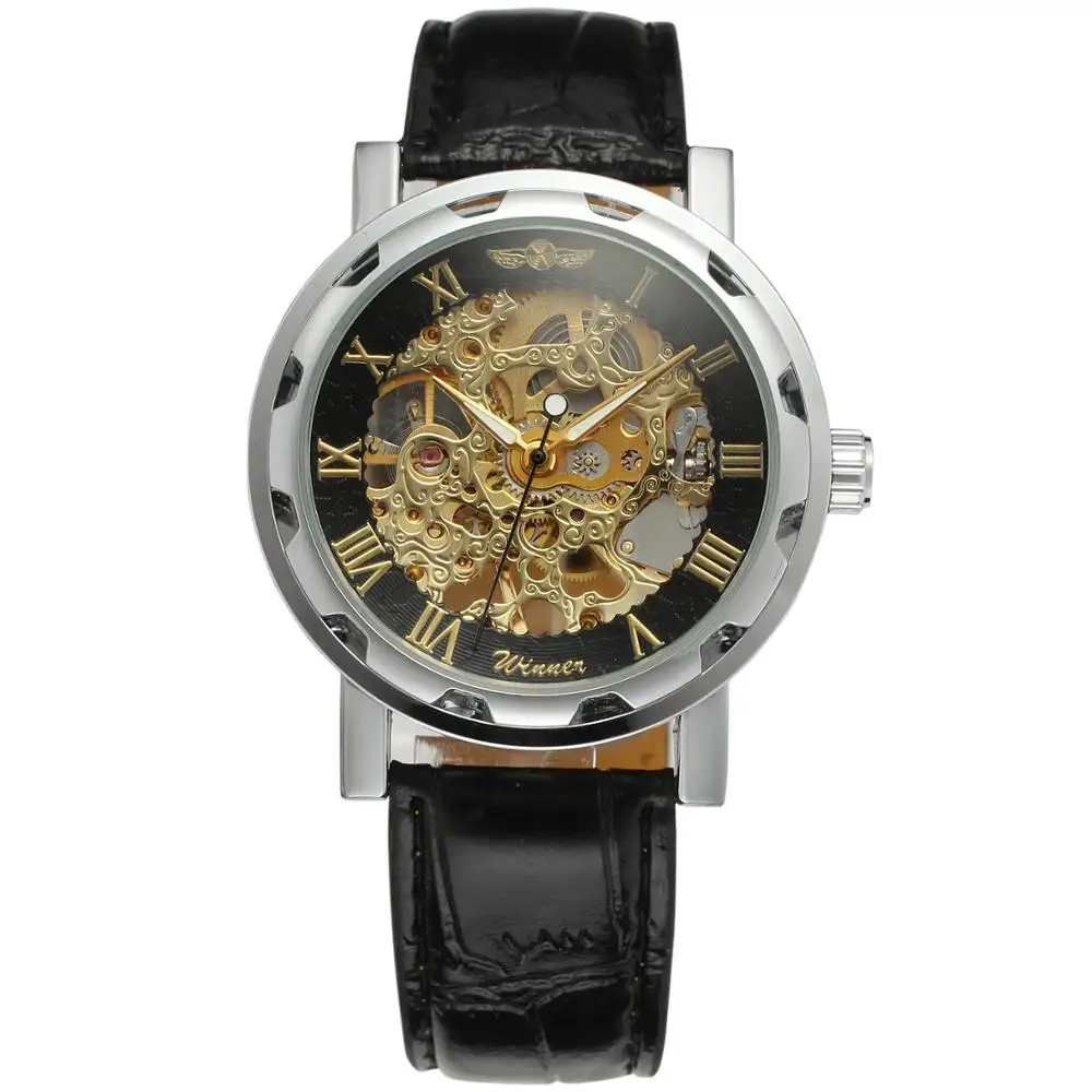 

T-WINNER WATCH gloden Roman Numerals creative reverse black leather strap men's mechanical watch