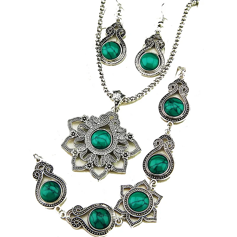 Hot New Style Antique Silver Blue Turquoise Natural Necklace Earrings Bracelet Vintage Stone Jewelry Set For Women Gift A2110