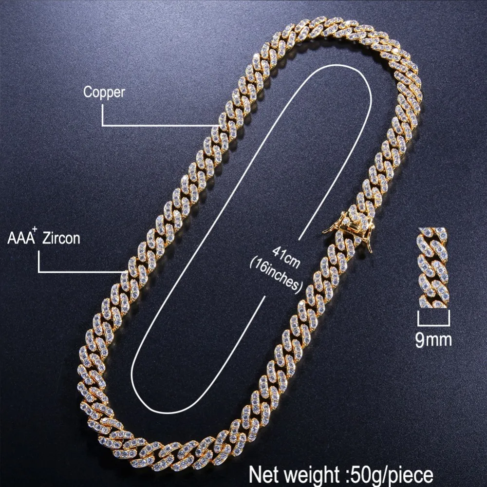 Uwin 9mm Iced Out Cuban Chian CZ Punk Choker Fashion Gold Color Necklace Men HipHop Jewelry For Gift