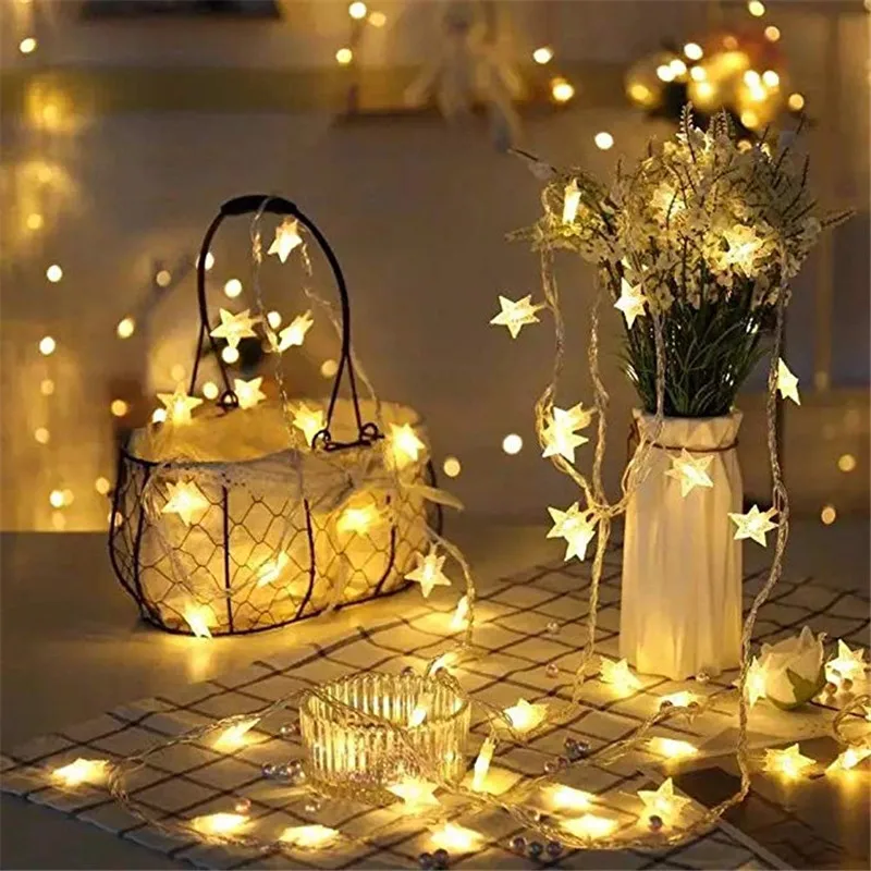 Guirnalda de luces LED impermeables para decoración interior del hogar, guirnalda de hadas de estrella, Blanco cálido, Año Nuevo, 1,5 M, 3M, 6M,