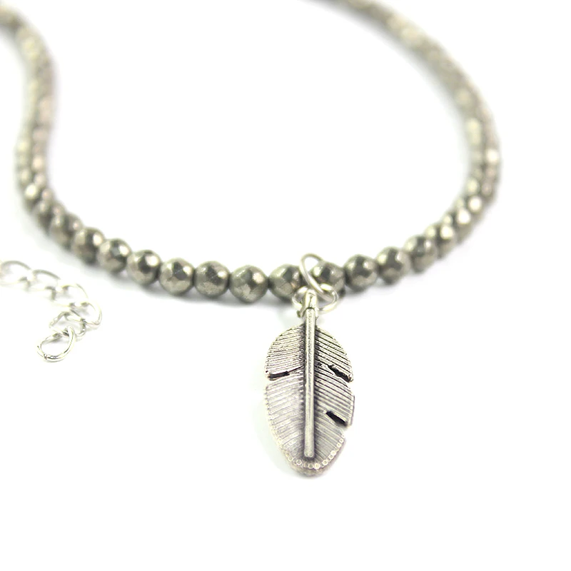 Natural Stone Pyrite Faced Round Beads 4mm Disco Ball Necklace with Alloy Leaf Pendant Fashion Jewelry