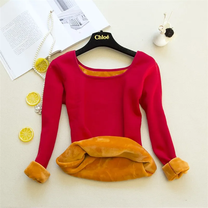 Women Long Sleeve Tees Autumn Winter T Shirt Warm Thick Velvet T-Shirts Female Bottoming Shirt Tops Underwear Plus Size AB1262