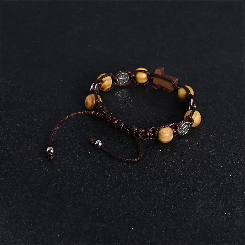 Hand Woven Religious Christian Rosary Bracelet Saint Mary Cross Wooden Beads Beaded Bracelet Classic Prayer Bracelet Jewelry