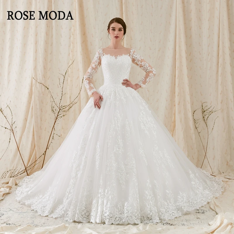 

Rose Moda Luxury Long Sleeves Lace Wedding Ball Gown Long Train Real Photos