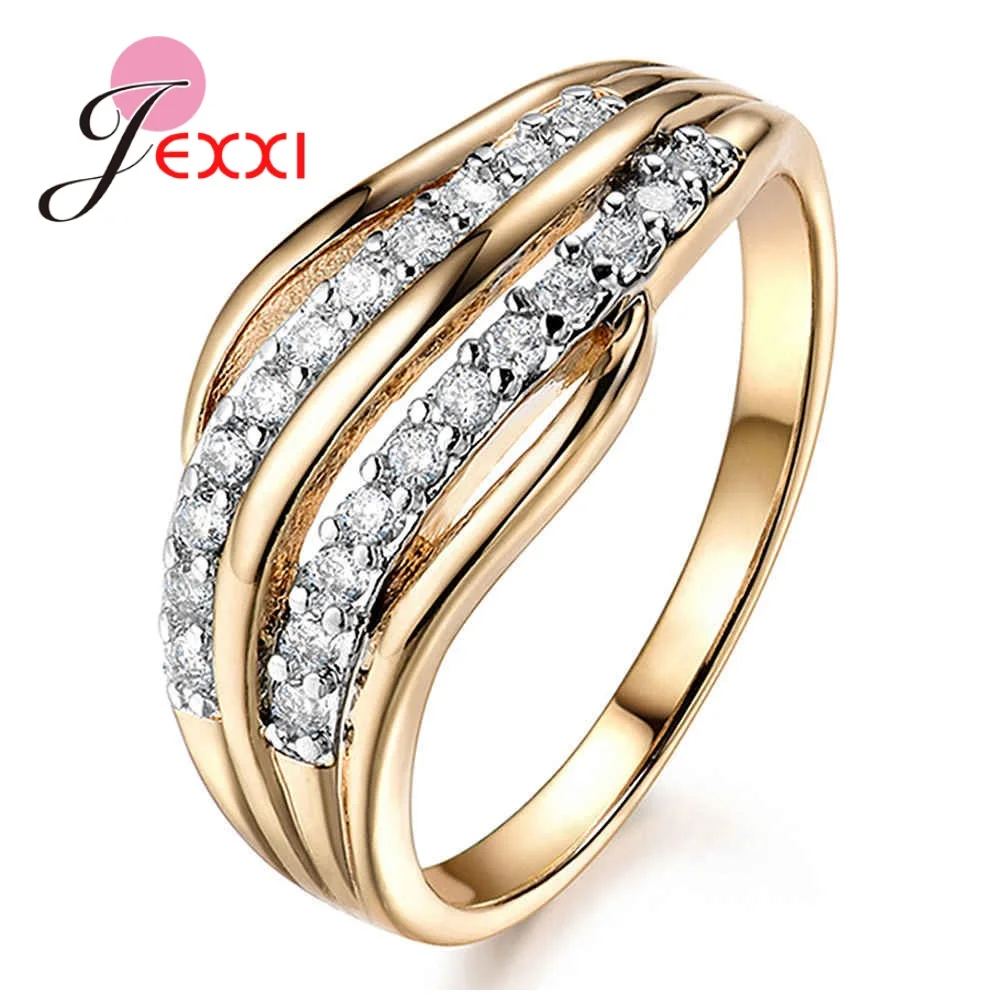 Top Selling 925 Sterling Silver Gold Coated Stackable Ring for Women Ladies Shining AAA Cubic Zircon 2 Lines Water Wave Bague