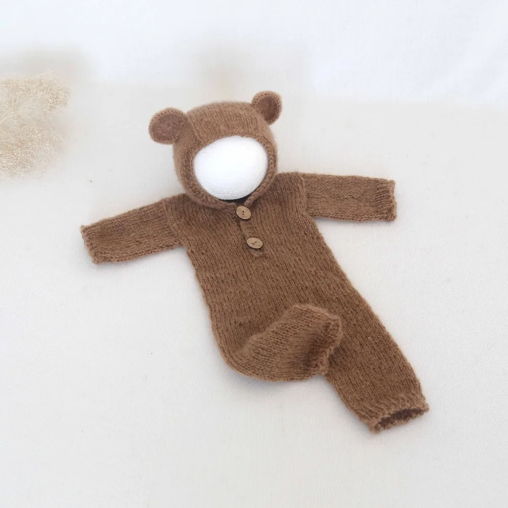 Newborn Footed Romper Knit Bear Outfit Long Sleeved Footed Onesie Photo Prop Baby Sleeper Romper And Bear Hat Set