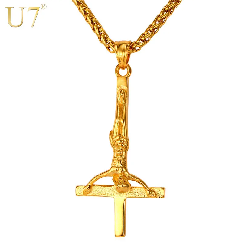 U7 Stainless Steel Inverted Cross Pendant Necklace Men Gothic Satanic Jewelry Rose Gold Color Upside-Down Cross of St. Peter