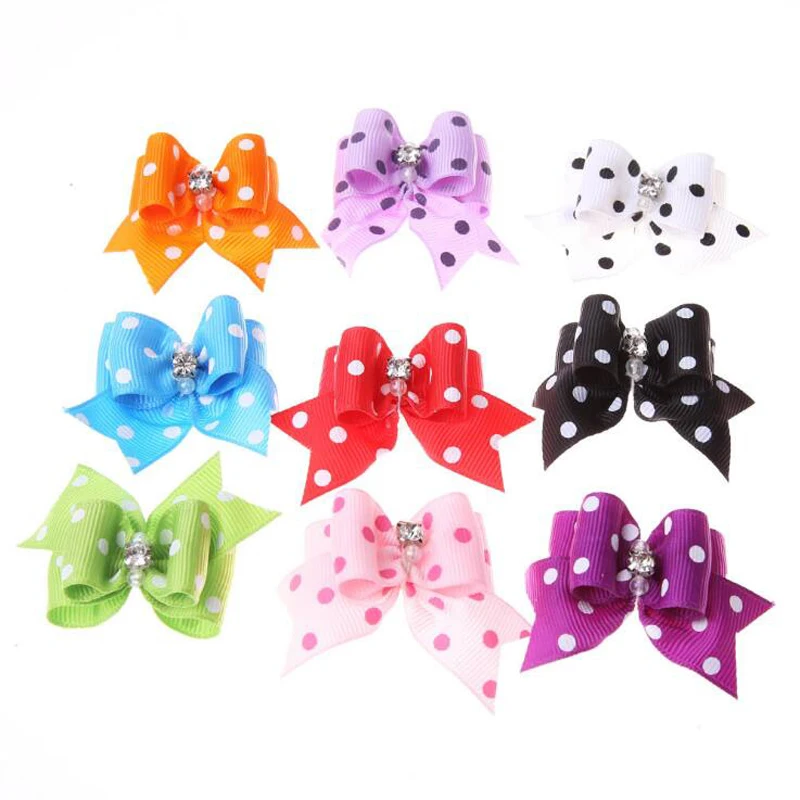 1 Pair Boutique Handmade Dog Hair Bows 10 Colors Dot Pattern Pet Hair Accessories With Rubber Band Rhinestone Decorated Bowknot