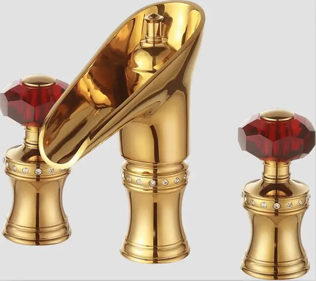 

Free shipping Gold 8" WIDESPREAD LAVATORY BATHROOM SINK FAUCET WINE RED Crystal handles knobs Mixer faucet