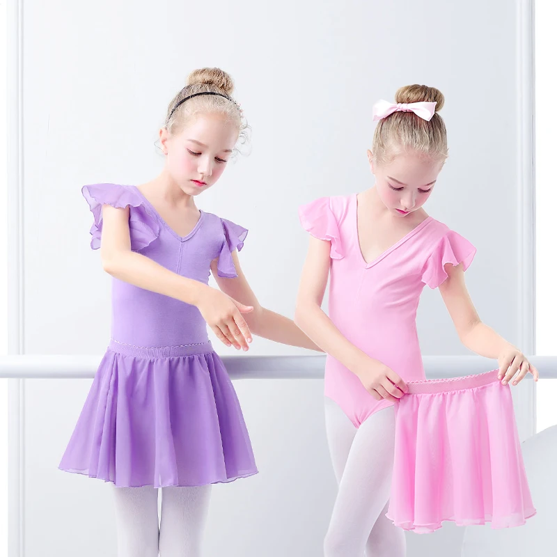 Vestido de manga curta para meninas, collant de ginástica infantil, saias de chiffon, dancewear bowknot, dança