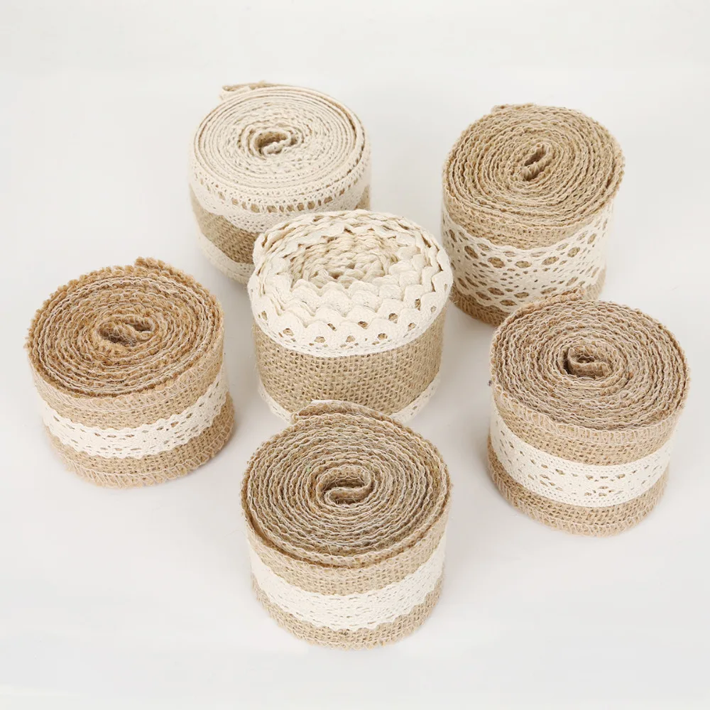 2M/lot Width 5cm/6cm Ivory Color Natural Jute Rolls Burlap Hessian Ribbons with Cotton Lace For DIY Ornament Burlap Wedding view 2
