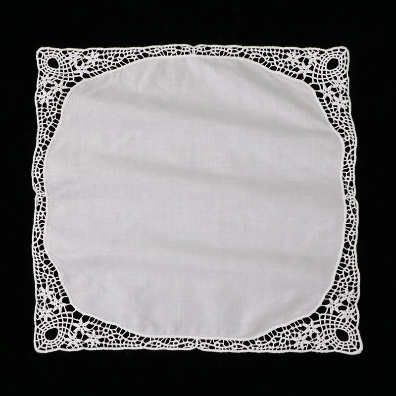 D603: White premium cotton lace handkerchiefs 12 pieces/pack blank crochet hankies for women/ladies wedding gift