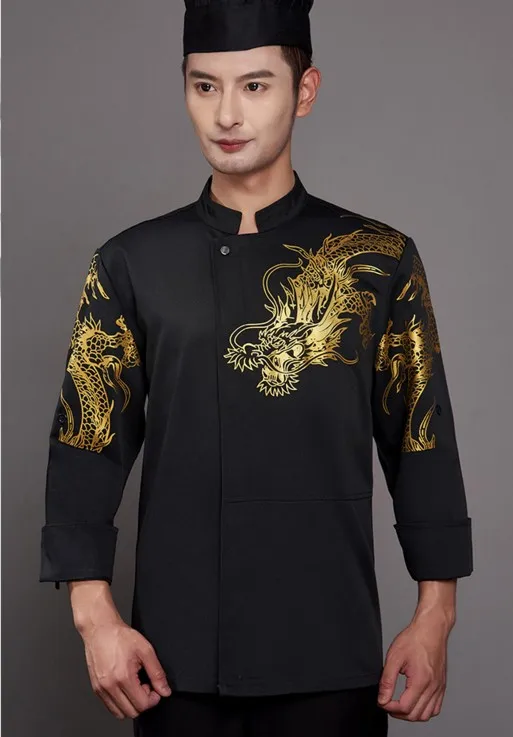 Restaurante chinês Chef jaqueta para homens, uniformes de cozinheiro, Dragon Gold Print, tops de trabalho, preto, primavera