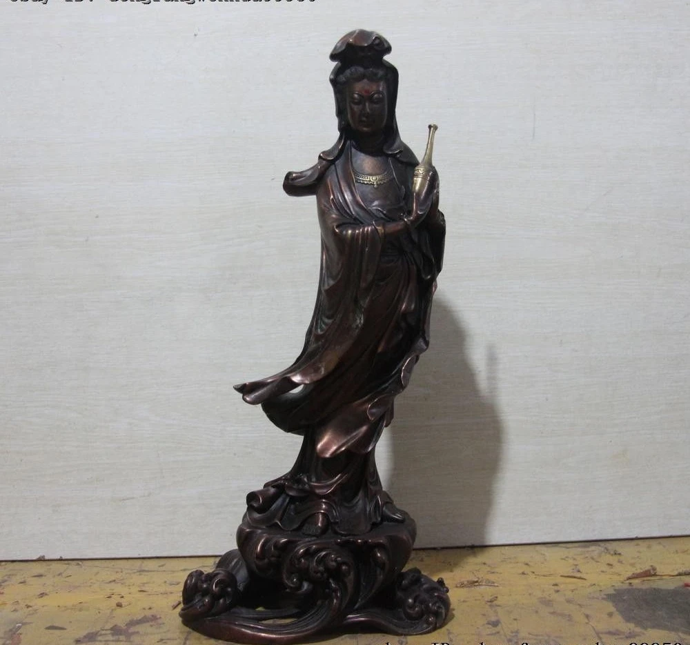 China Copper Bronze Kwan-yin Guanyin Goddess Hold Vase Bodhisattva Buddha Statue